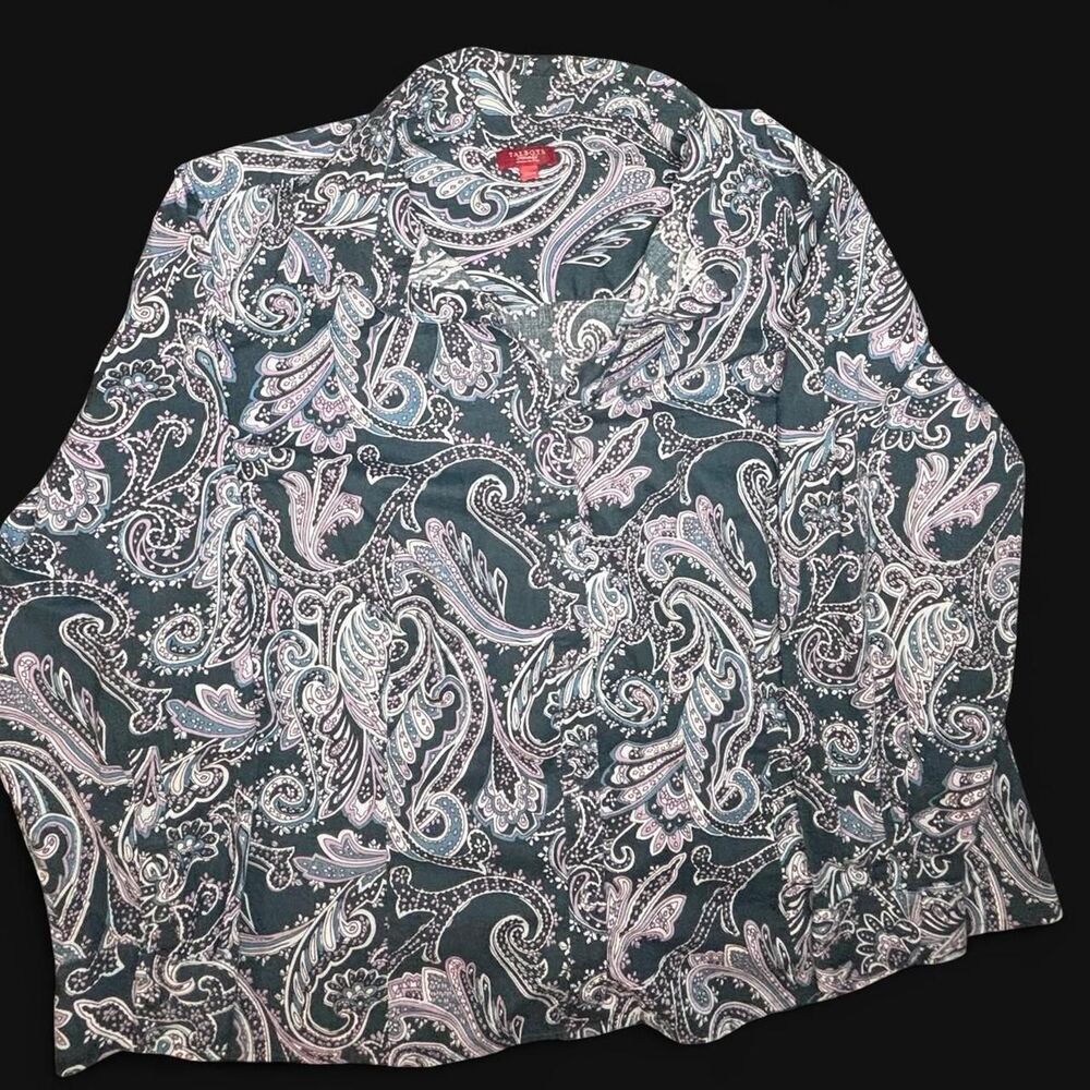 Talbots Woman Petites 20W Paisley Print Button Up Blouse Teal Blue Pink